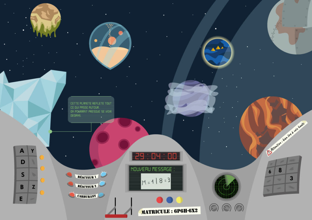 Illustration d'une cockpit de vaisseau spatial d'où on voit diverses planètes