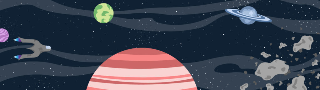 Illustration d'un vaisseau spatial naviguant entre diverses plnètes